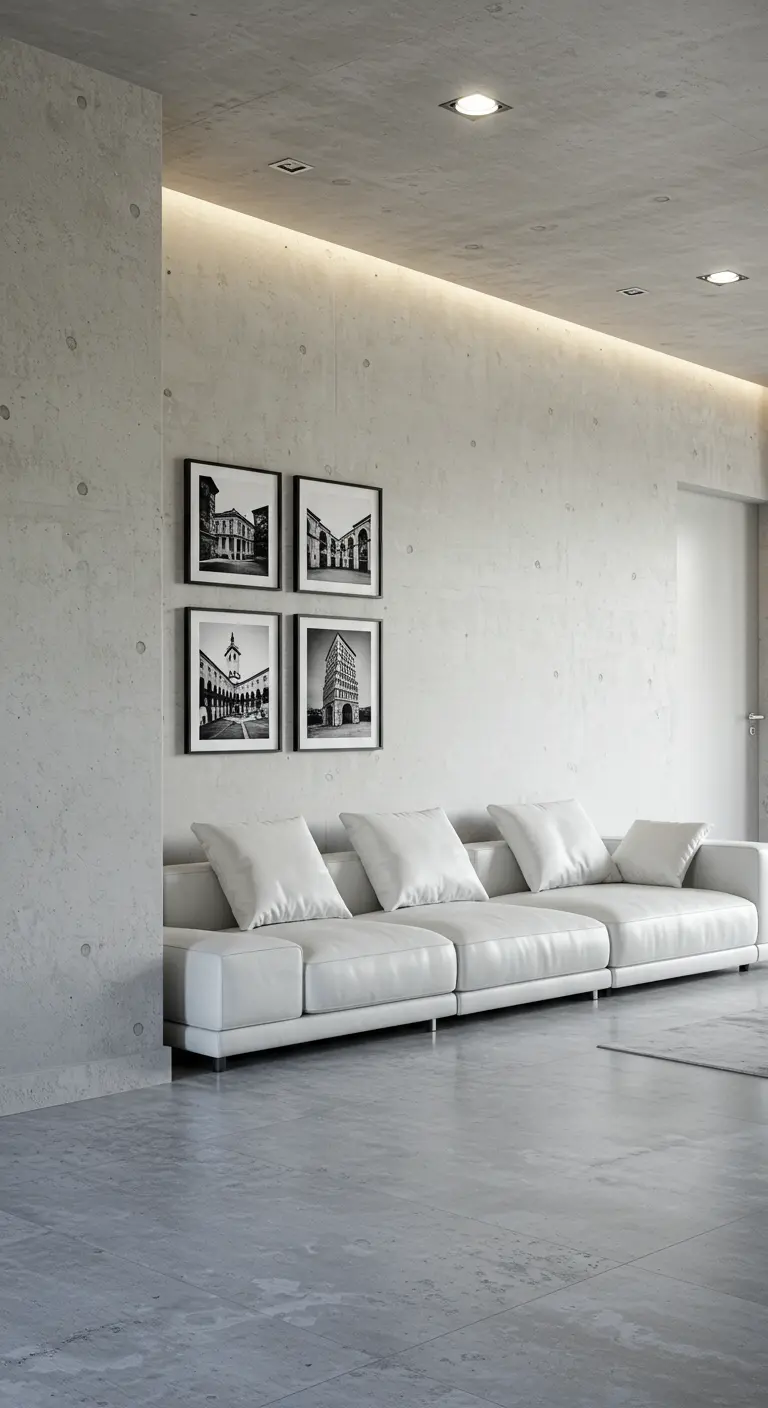 Vier zwart-wit architectuurfoto's in zwarte lijsten boven een witte bank tegen een betonnen muur.