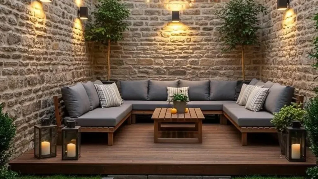 Gebalanceerd tuinontwerp met stenen muur en houten zithoek voor de perfecte mix.