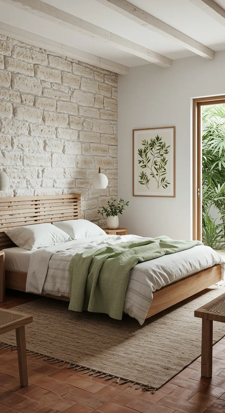 Slaapkamer met stenen accentmuur, houten bed, hangplant en kunst met olijftakken.