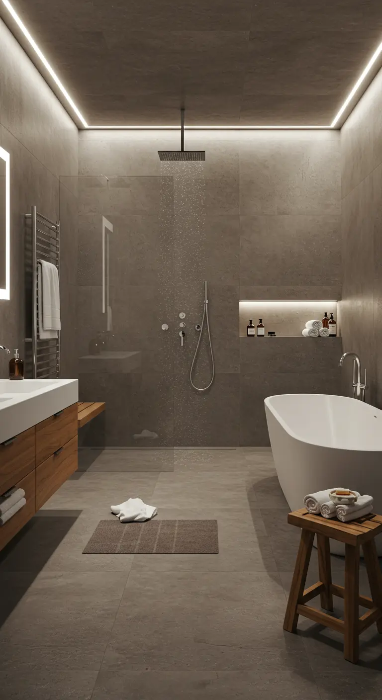 Moderne badkamer met grootformaat steenlook panelen aan de muren, vrijstaand bad en houten meubel.