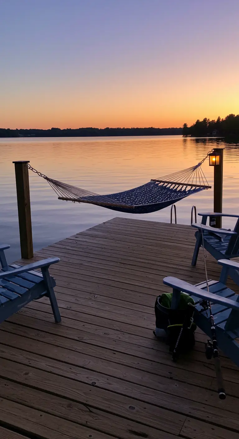 Hangmat op een houten steiger aan een meer bij zonsondergang, met houten stoelen.