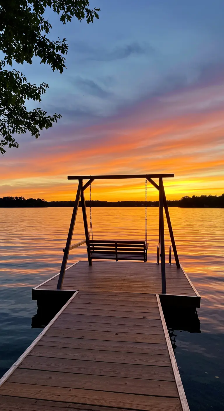 Houten schommelbank op een steiger aan een meer tijdens een kleurrijke zonsondergang.