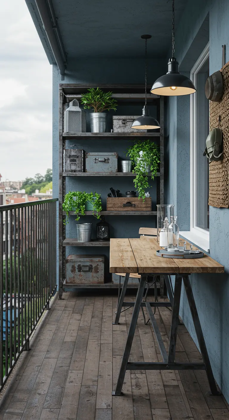 Industrieel balkon met metalen stellingkast, houten tafel en industriële hanglampen.