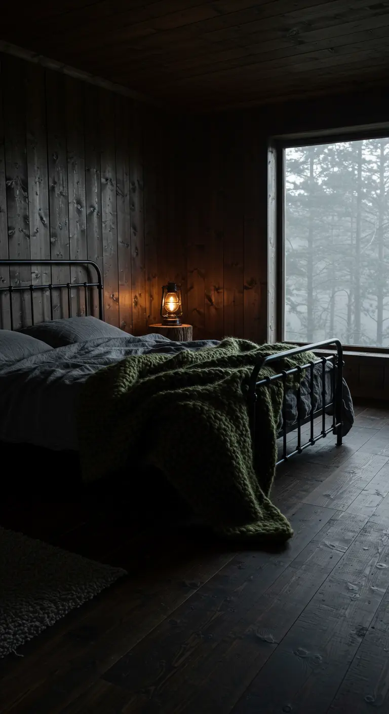 Donkere slaapkamer met een groot raam dat uitkijkt op een mistig bos en een groen deken op bed.