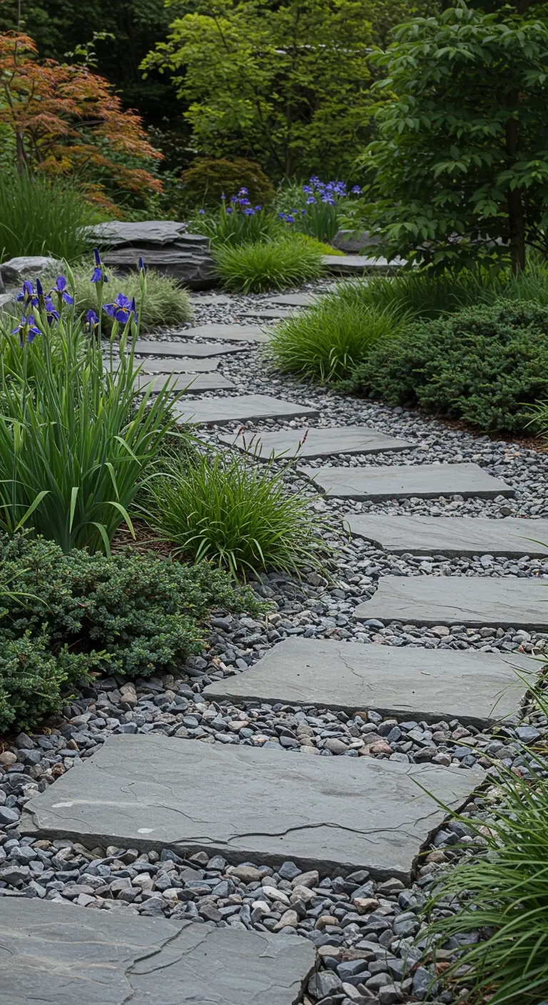 Grote, platte grijze flagstones op donker grind, met siergrassen en irissen.