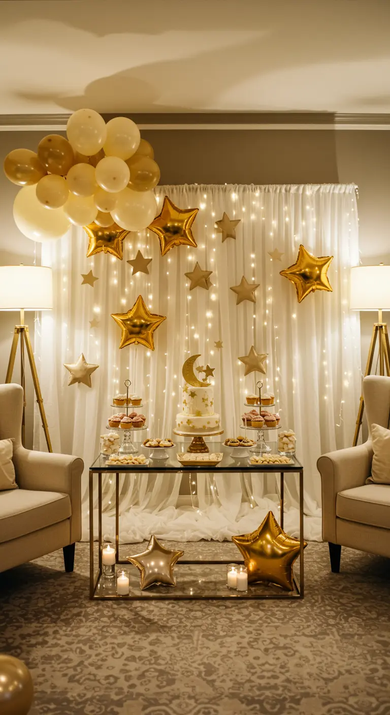 Feestelijke setting met lichtjesgordijn, ster- en maanballonnen, taart en crèmekleurige fauteuils.