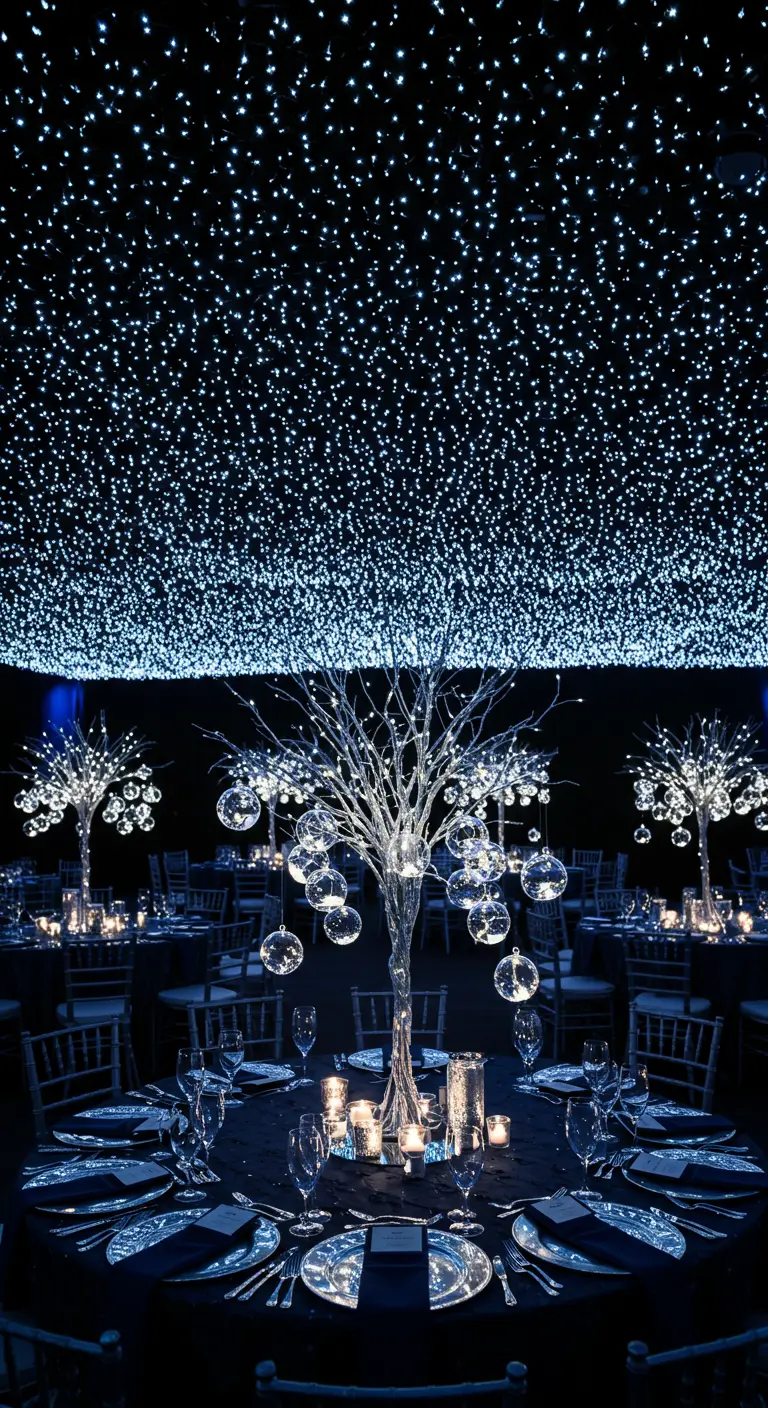 Donkere feestzaal met een plafond vol twinkelende lichtjes en verlichte boom-centerpieces.