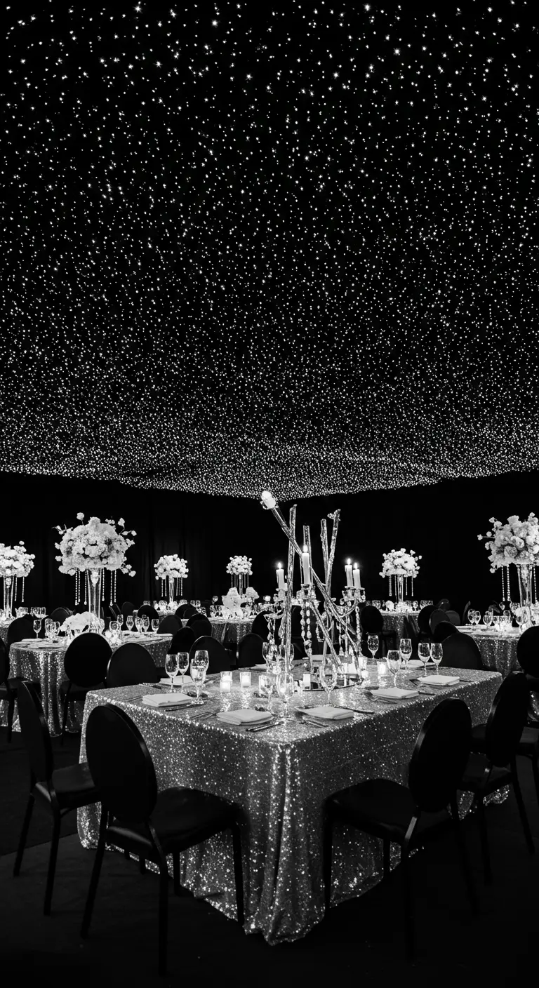 Zwart-wit bruiloft met 'sterrenhemel' plafond, glitter tafelkleden en witte bloemen.