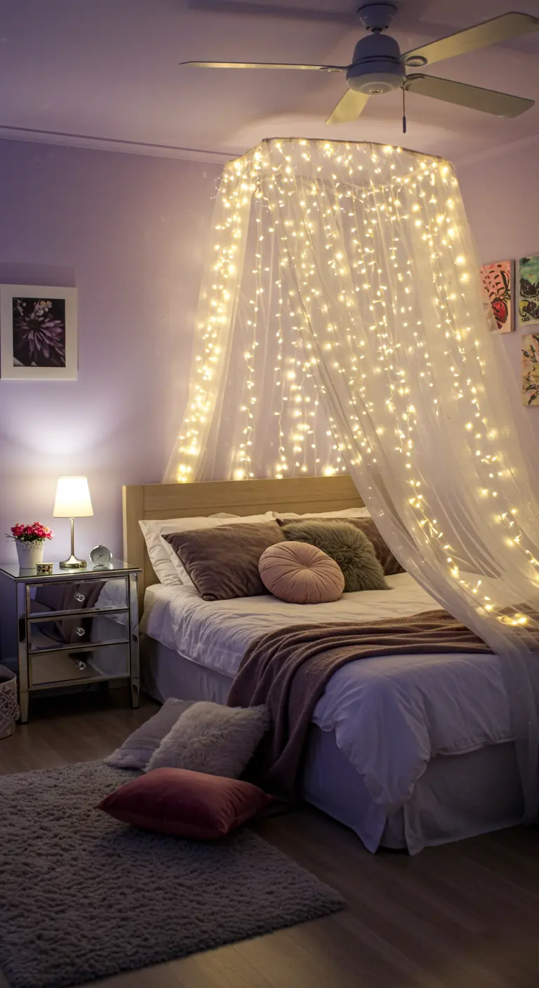 Slaapkamer met een hemel van fonkelende lichtjes boven het bed, gedrapeerd door voile stof.