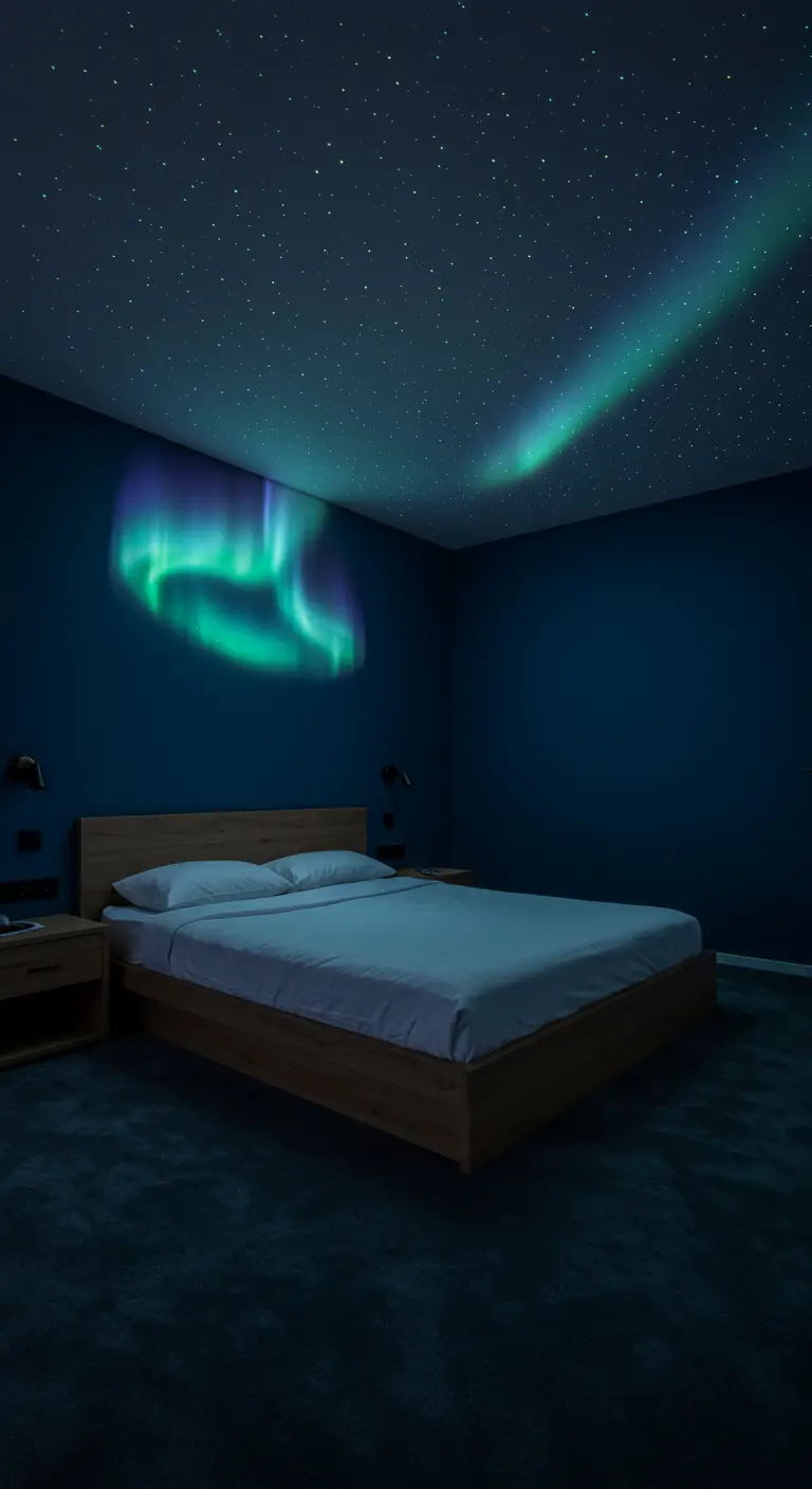 Donkere slaapkamer met projectie van noorderlicht op plafond en muur.