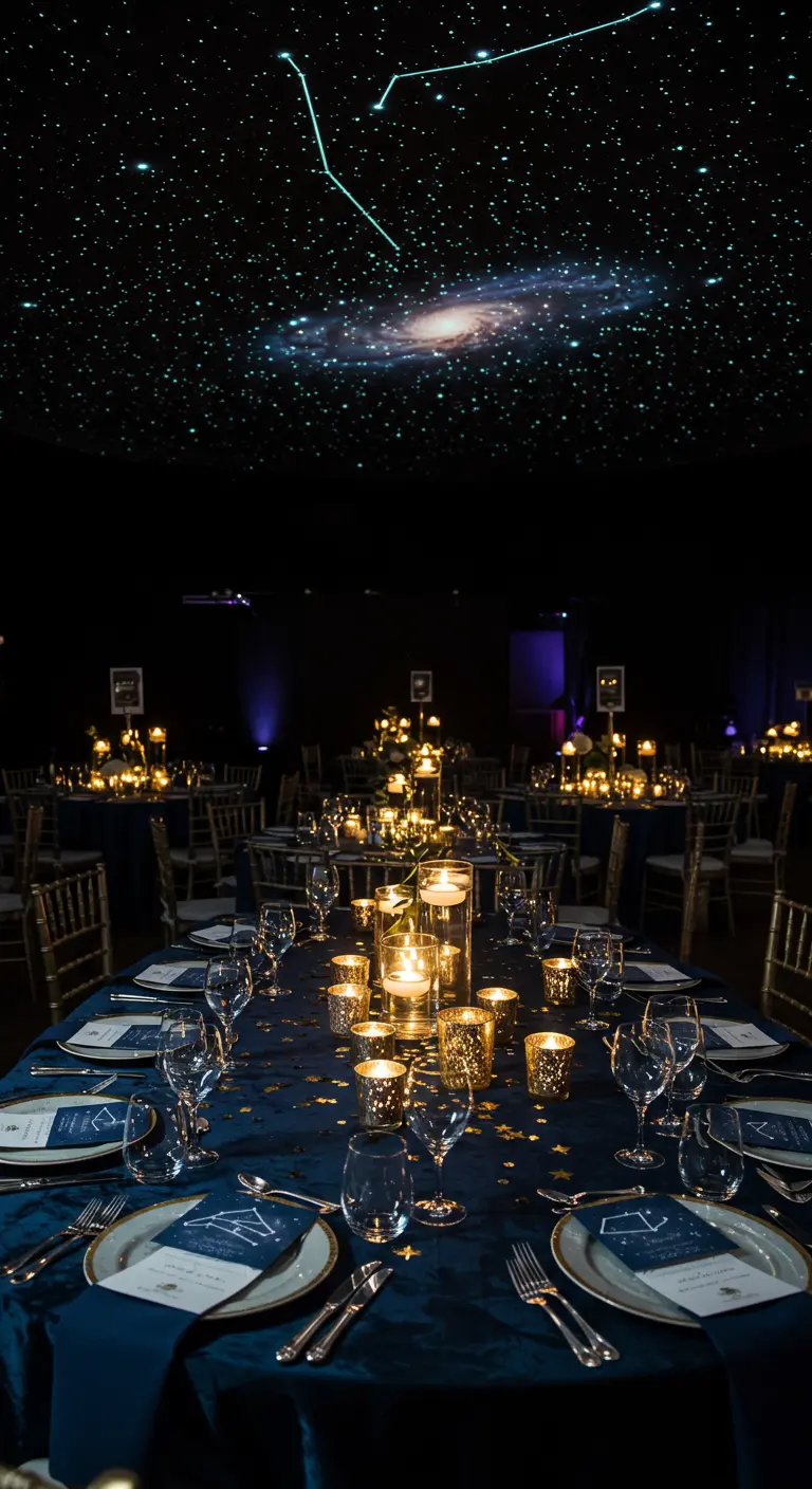 Trouwdiner met sterrenhemel projectie, blauwe tafellinnen en gouden kaarslicht.