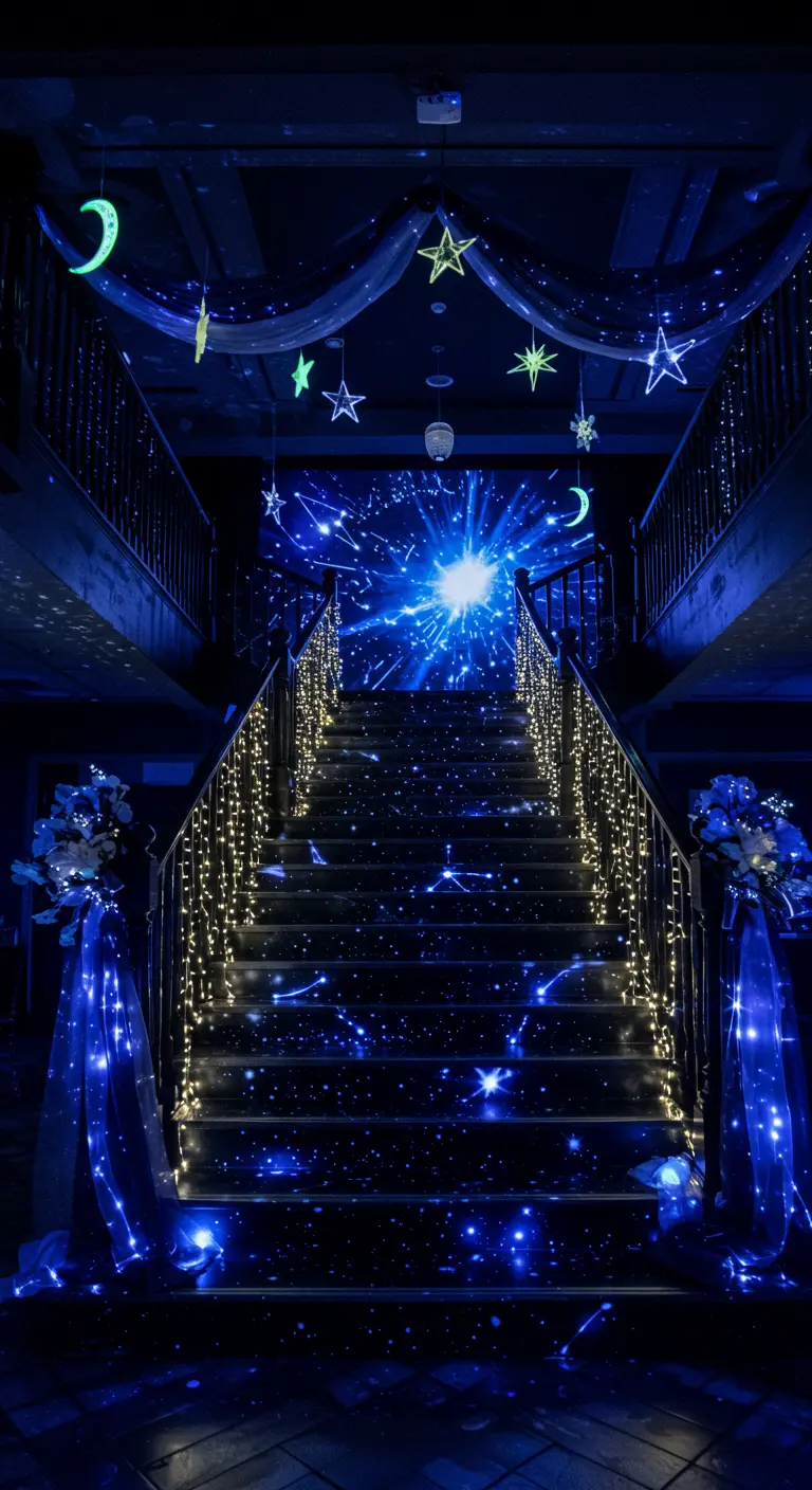 Trap verlicht met sterren- en maanprojecties, overvloedige lichtslingers en blauwe stof.