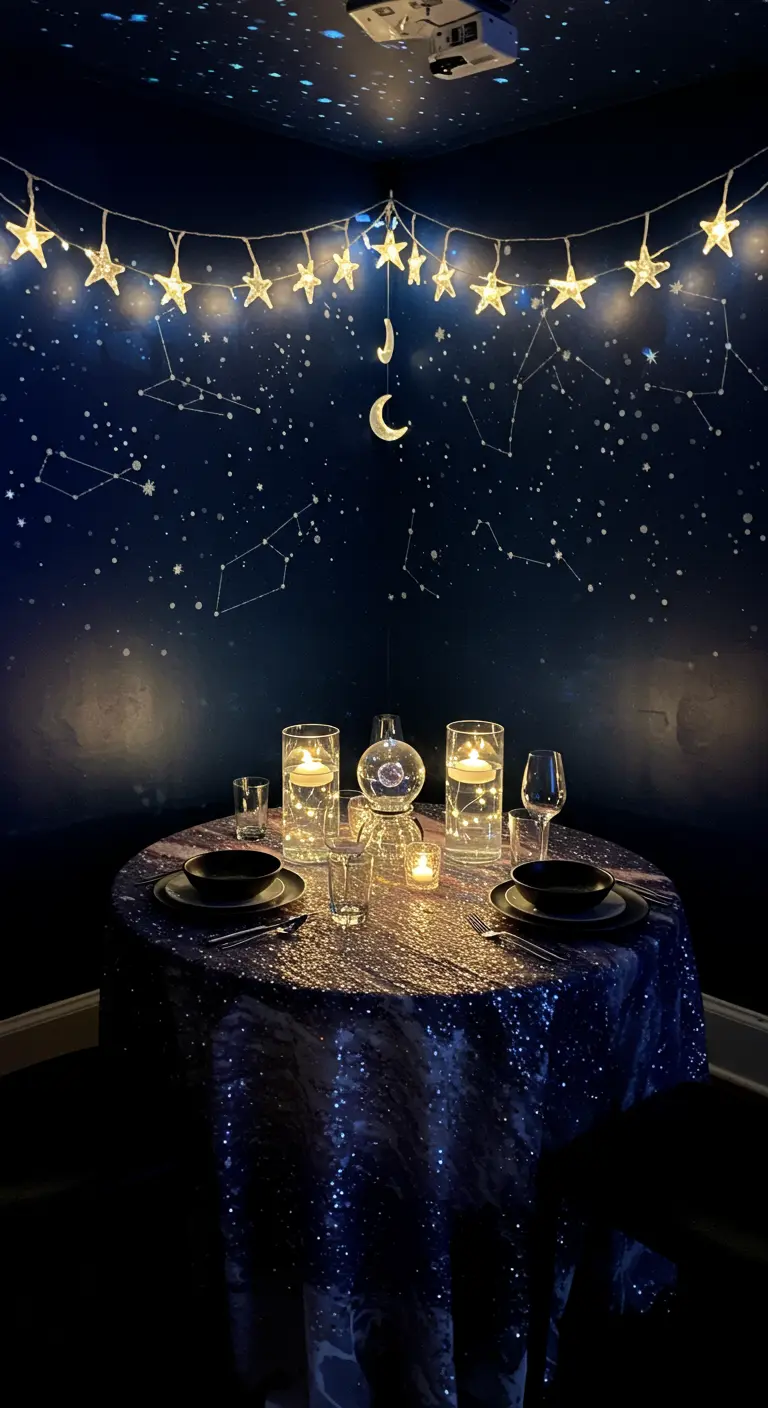 Ronde tafel met glimmend tafelkleed en sterrenprojectie op muur en plafond.