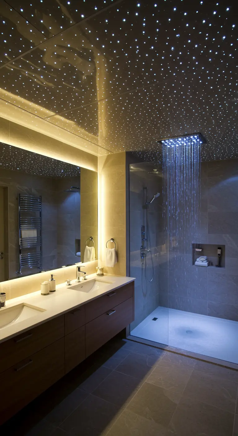 Luxe badkamer met een donker plafond vol kleine lichtjes die een sterrenhemel nabootsen.