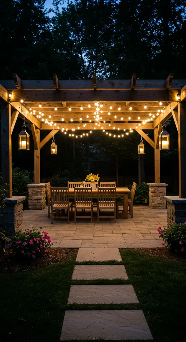 Houten pergola boven eettafel, verlicht met prikkabels en hangende lantaarns.
