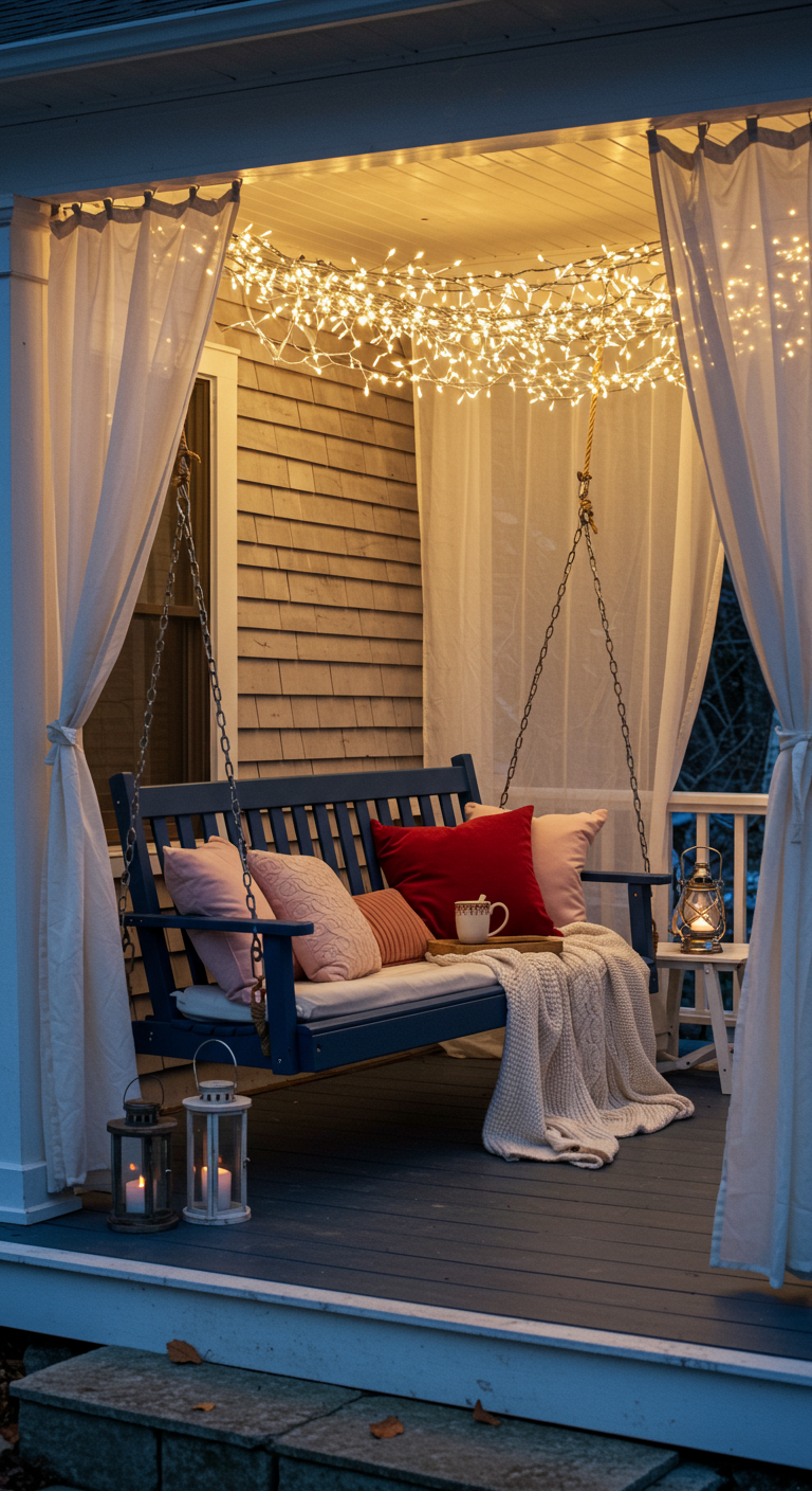 Blauwe houten schommelbank op veranda met een plafond vol kleine lichtjes en witte gordijnen.