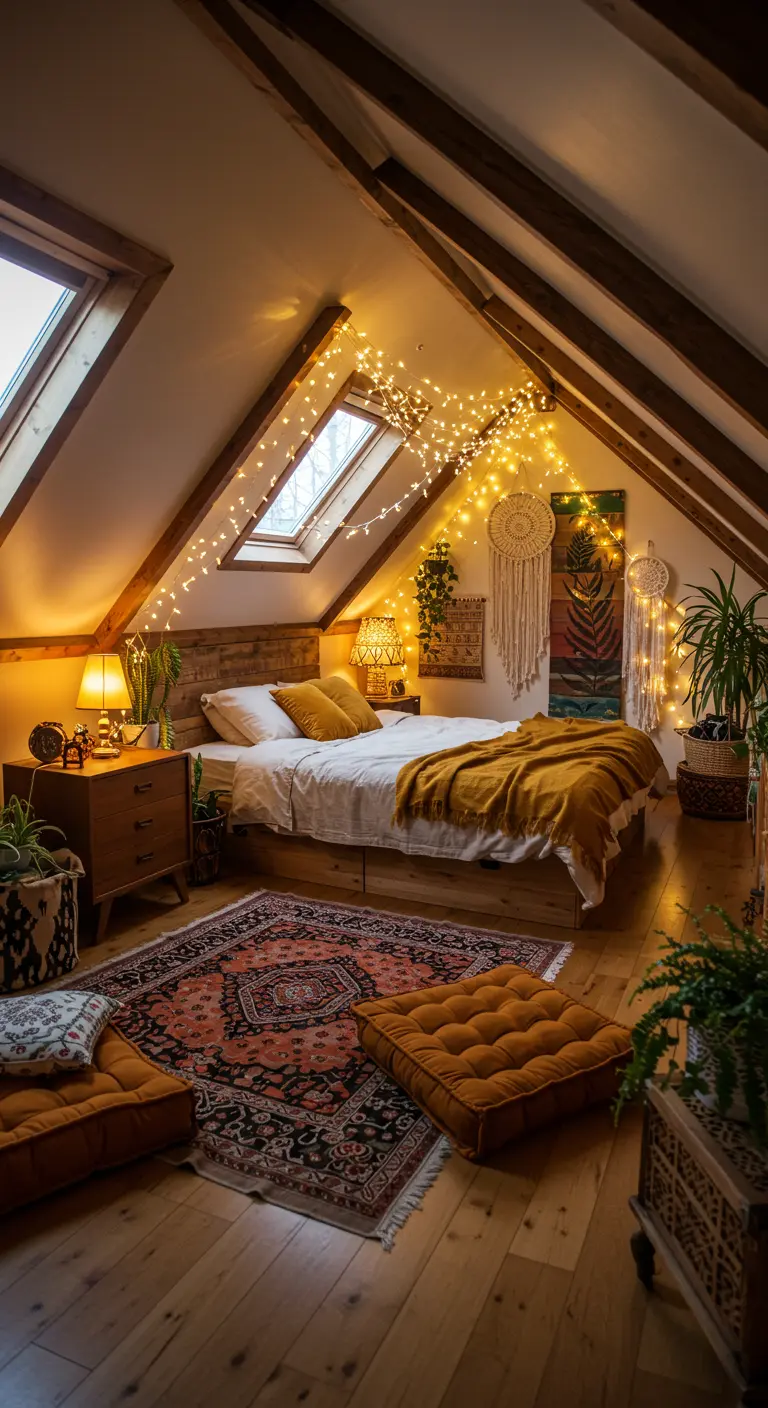 Sfeervolle boho zolderkamer met lichtslingers en warme verlichting bij het bed.