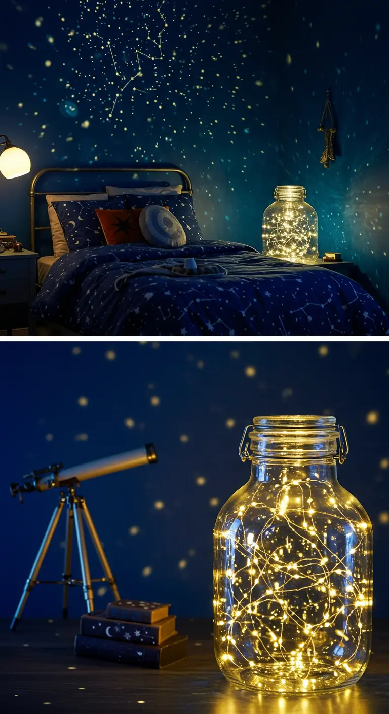 Glazen pot gevuld met kerstlichtjes die sterren projecteren op de muur in een donkerblauwe slaapkamer.