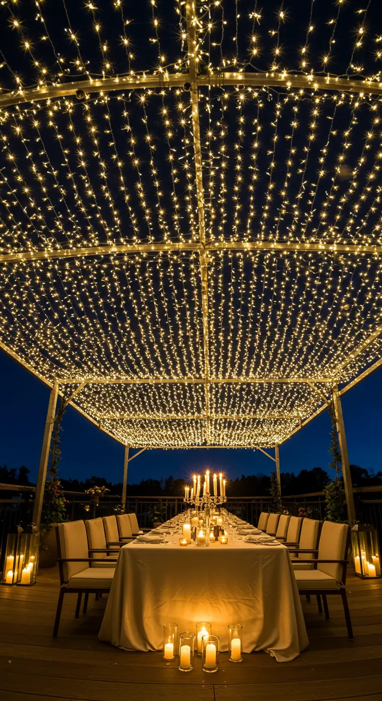 Lange eettafel onder een overweldigende hemel van lichtslingers.