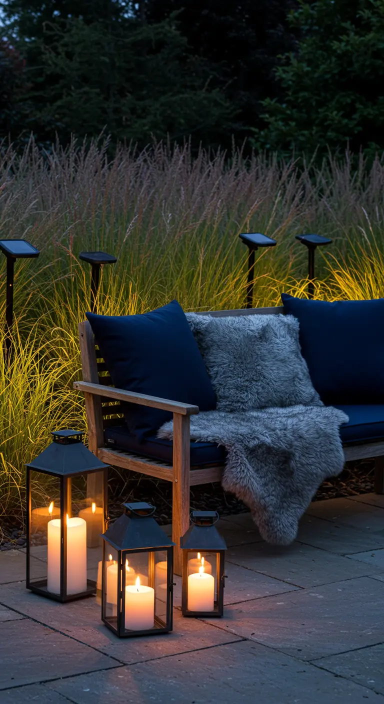 Houten bank 's avonds met donkerblauwe kussens, schapenvacht en diverse lantaarns.