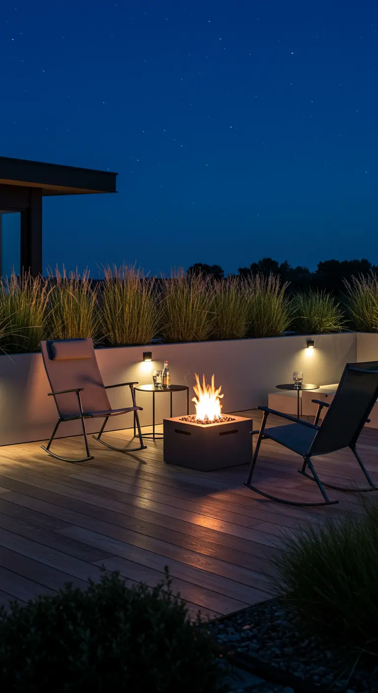 Twee moderne grijze inklapbare schommelstoelen bij een vuurplaats op een houten terras 's nachts.