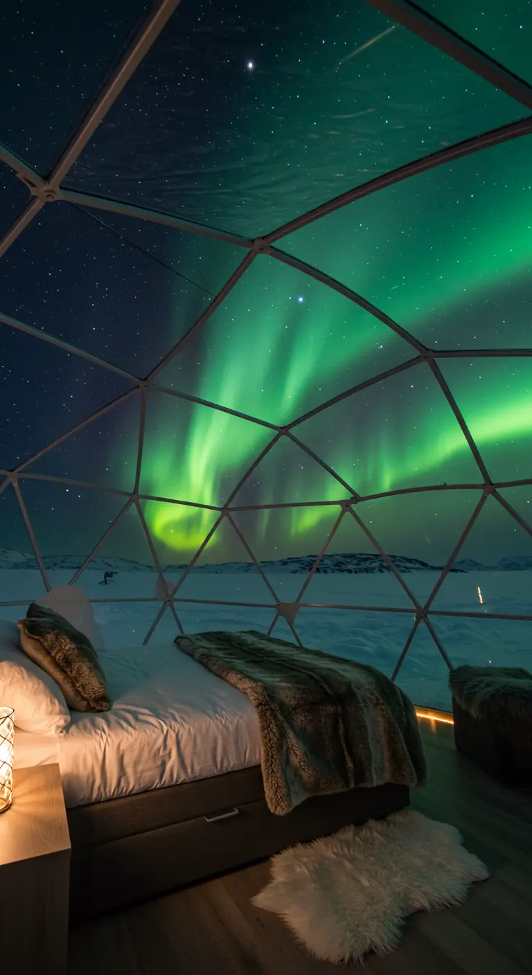 Slaapkamer in glazen iglo met uitzicht op het noorderlicht.