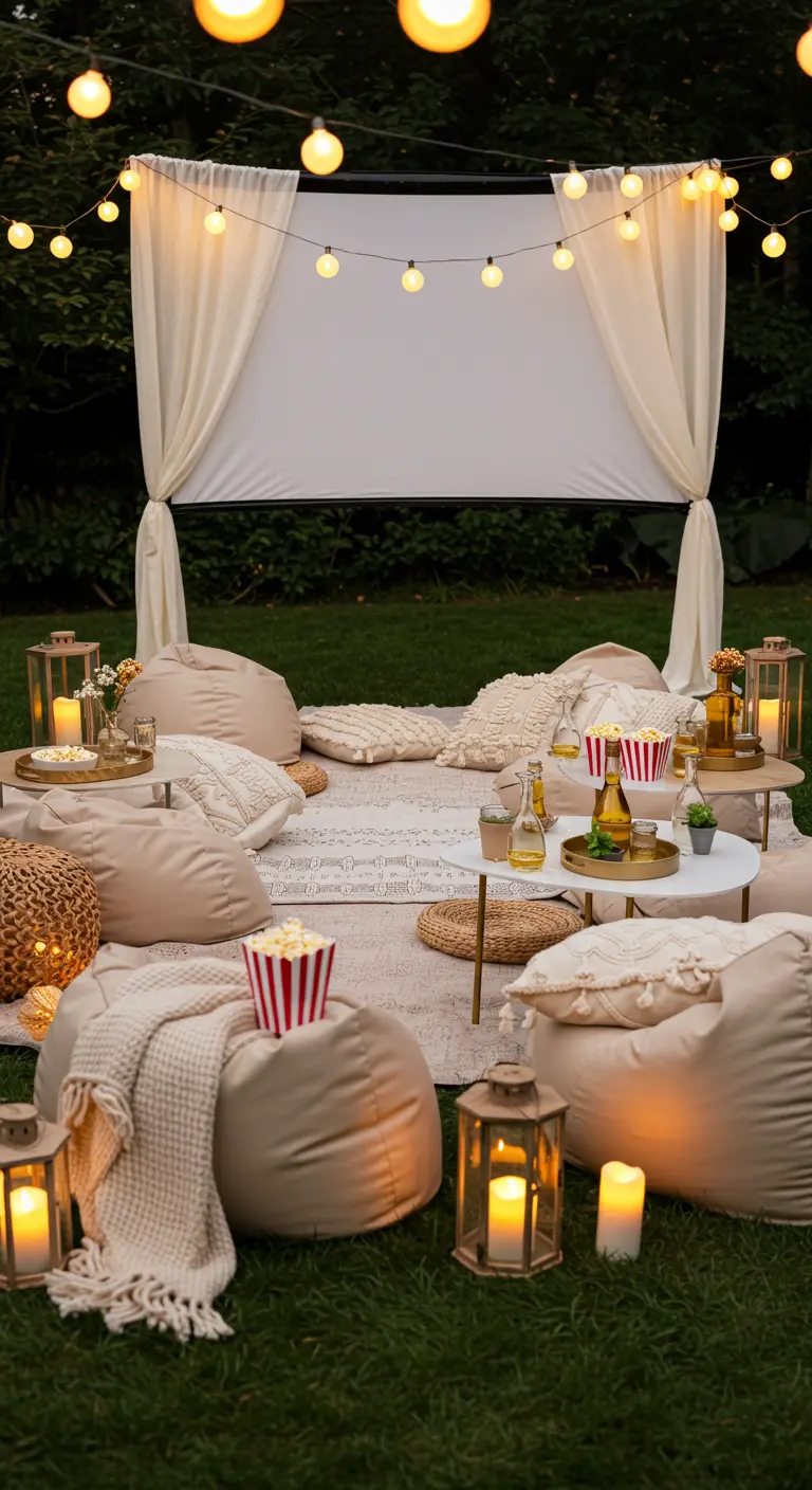 Buitenbioscoop setting met projectiescherm, zitzakken, kussens, lantaarns en popcorn.
