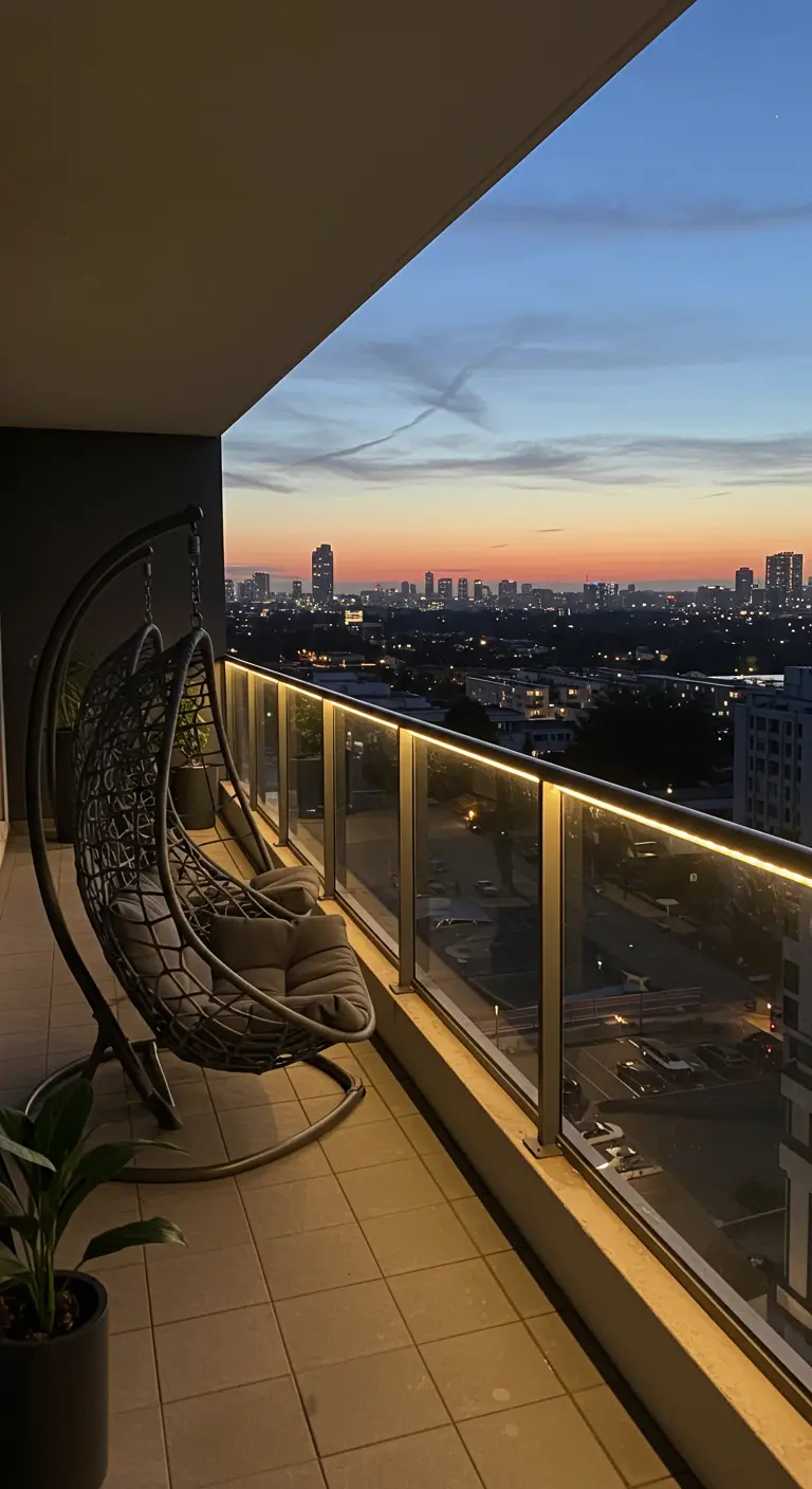Moderne grijze hangstoel op een balkon met glazen balustrade en stadsgezicht bij zonsondergang.