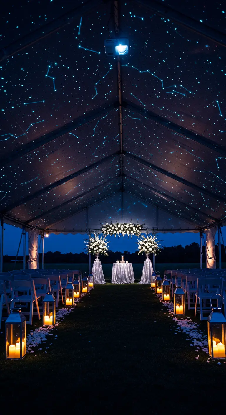 Nachtelijke ceremonie in een transparante tent met geprojecteerde sterren en lantaarns.