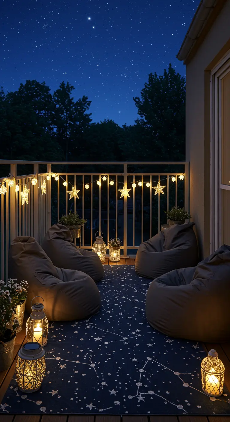 Balkon met donkerblauw buitenkleed met sterrenpatroon en zitzakken.