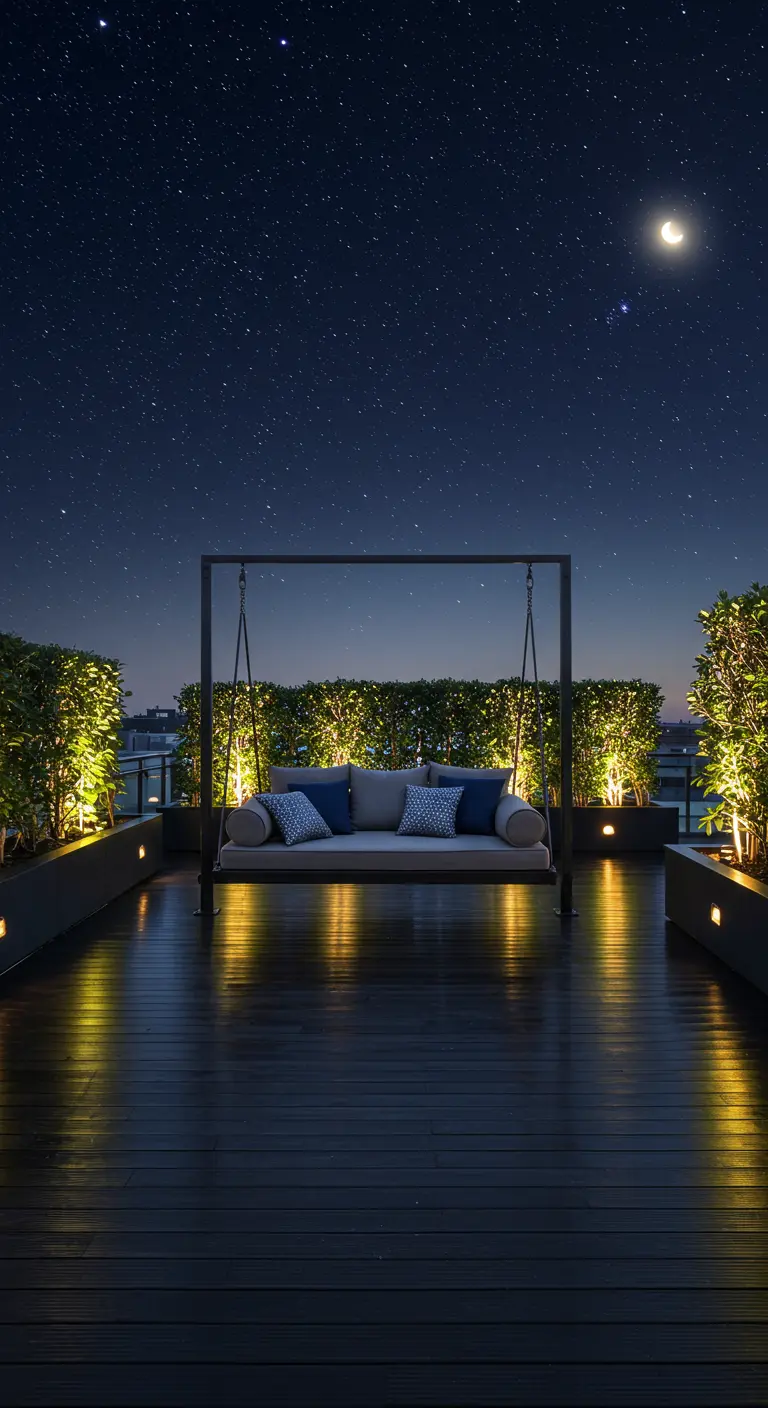 Dakterras met moderne schommelbank, donkere houten vloer en sfeerverlichting onder een sterrenhemel.
