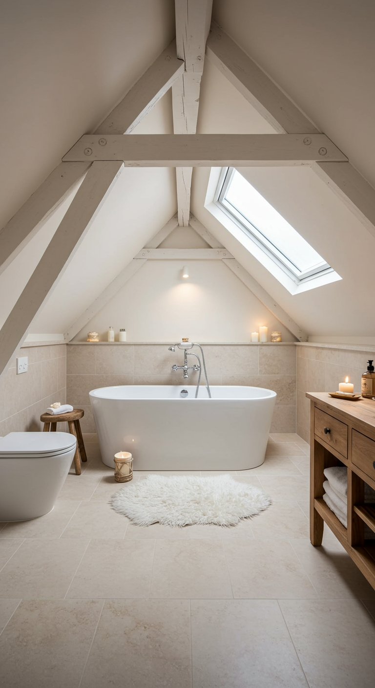 Zolderbadkamer met vrijstaand bad onder dakraam en kaarsen.