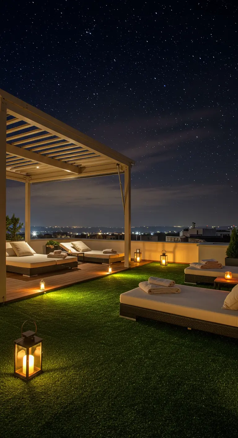 Daktuin met pergola, kunstgras, loungebedden, lantaarns en een heldere sterrenhemel.