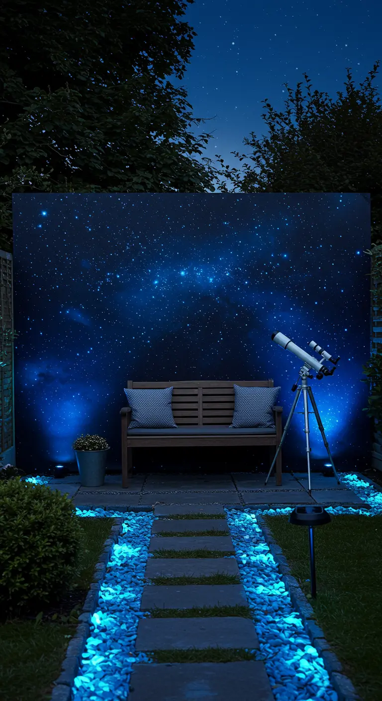 Tuinmuur met sterrenhemel buitenbehang, houten bank en lichtgevende stenen.