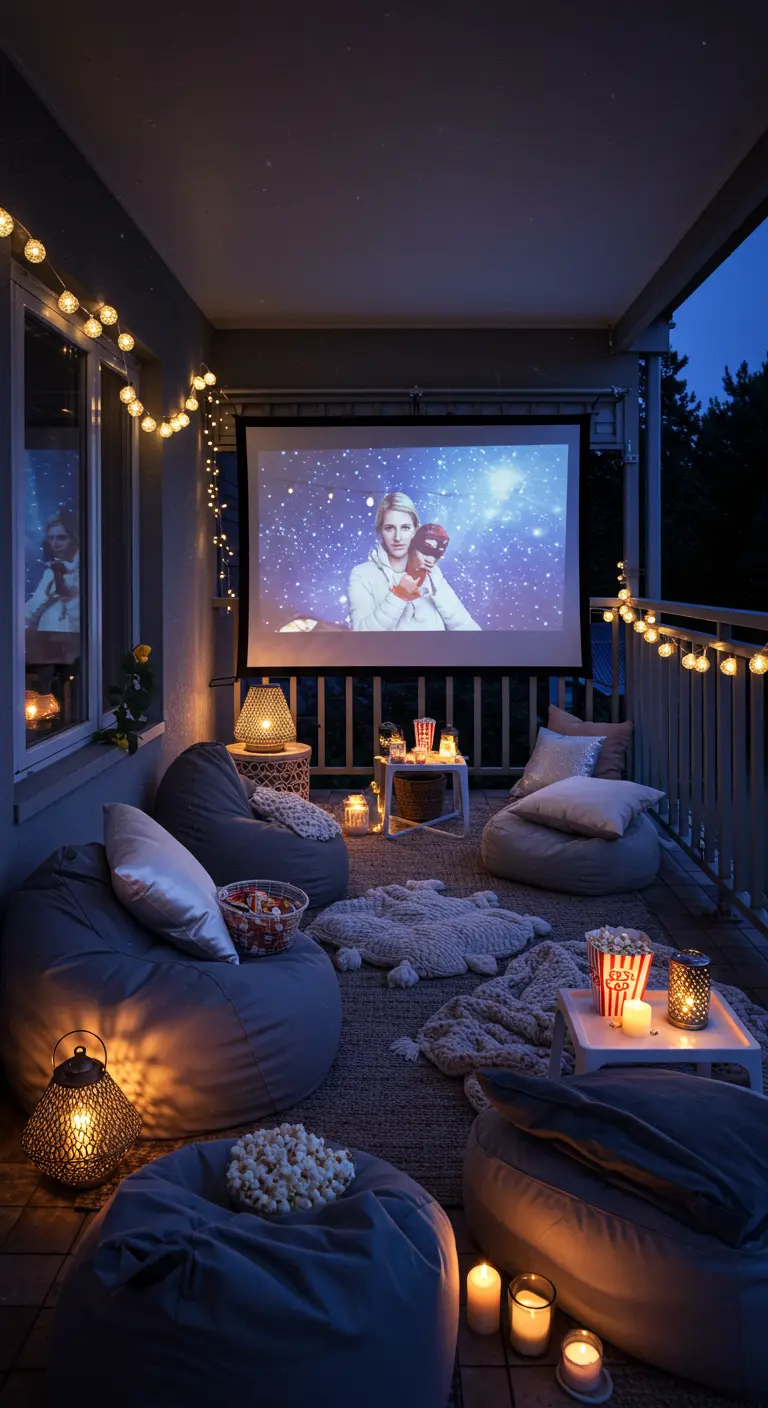 Balkon omgetoverd tot buitenbioscoop met projector, zitzakken, popcorn en sfeerverlichting.