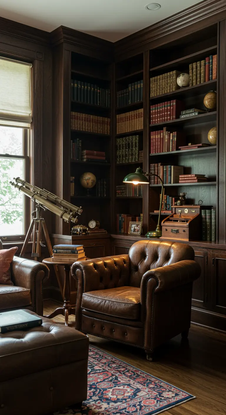 Klassieke bibliotheek met donkerhouten boekenkasten, leren fauteuil en vintage telescoop.
