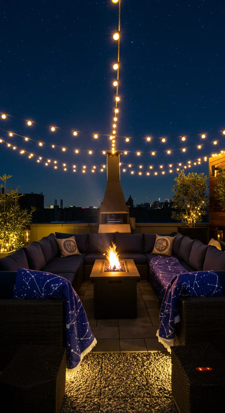 Dakterras 's nachts met veel lichtslingers, donkere banken, plaids en een vuurtafel.