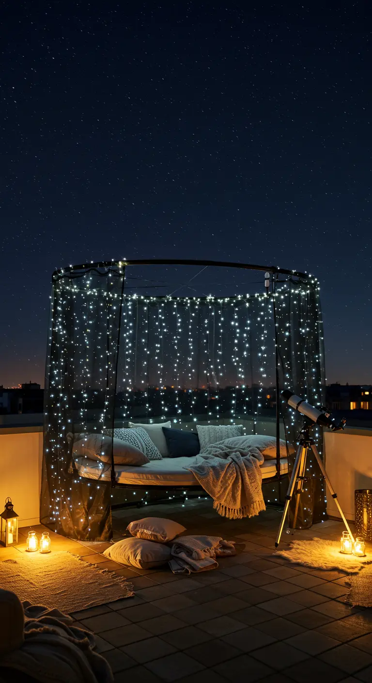 Loungebed op dakterras 's nachts met doorzichtige gordijnen vol lichtjes en een telescoop.