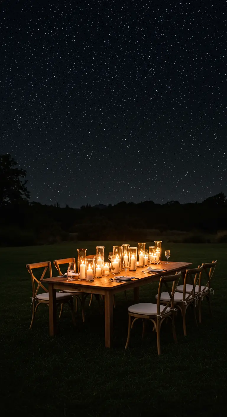 Houten tuintafel in open veld 's nachts, verlicht door rij kaarsen, met sterrenhemel.