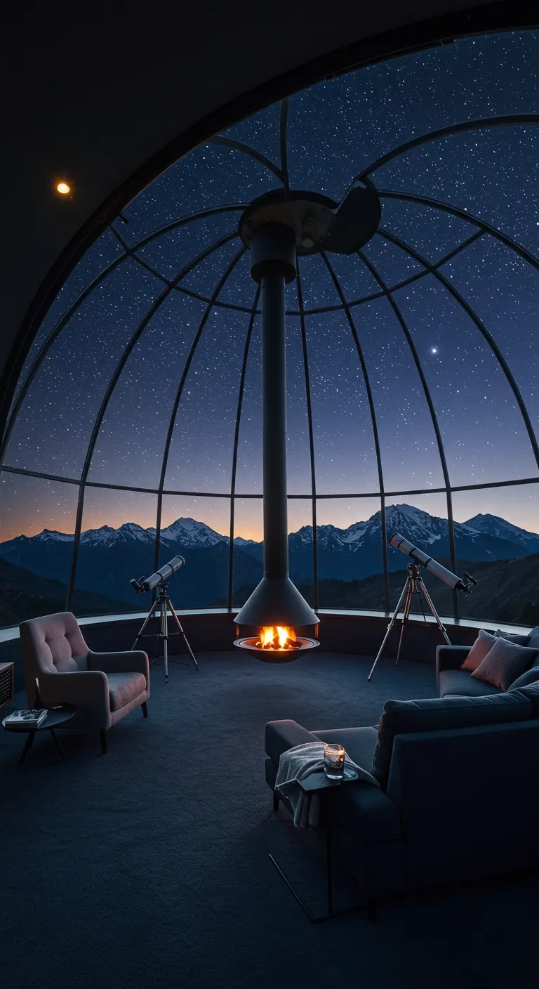 Woonkamer in een glazen koepel met haard en telescopen, uitzicht op bergen en sterrenhemel.