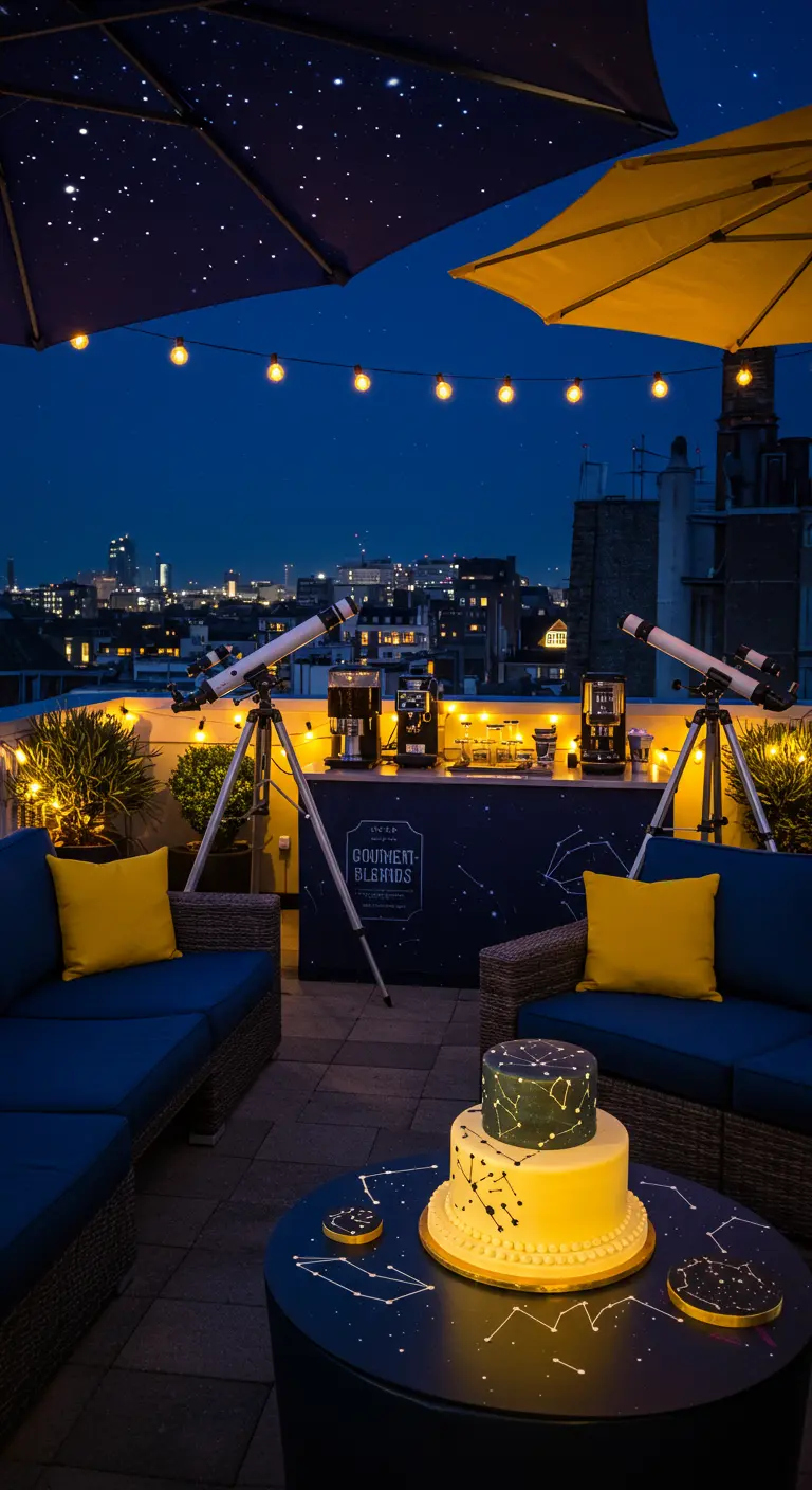 Dakterras 's avonds met telescopen, themacake en uitzicht op de stad.
