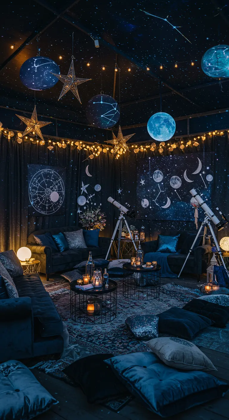 Donkere lounge met sterrenhemel, planeten, telescopen en sfeerlicht.