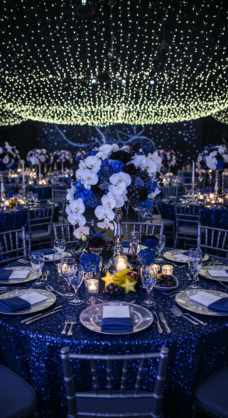 Donkerblauwe tafelsetting met witte en blauwe bloemen, fruit en fonkelende lichtjes.