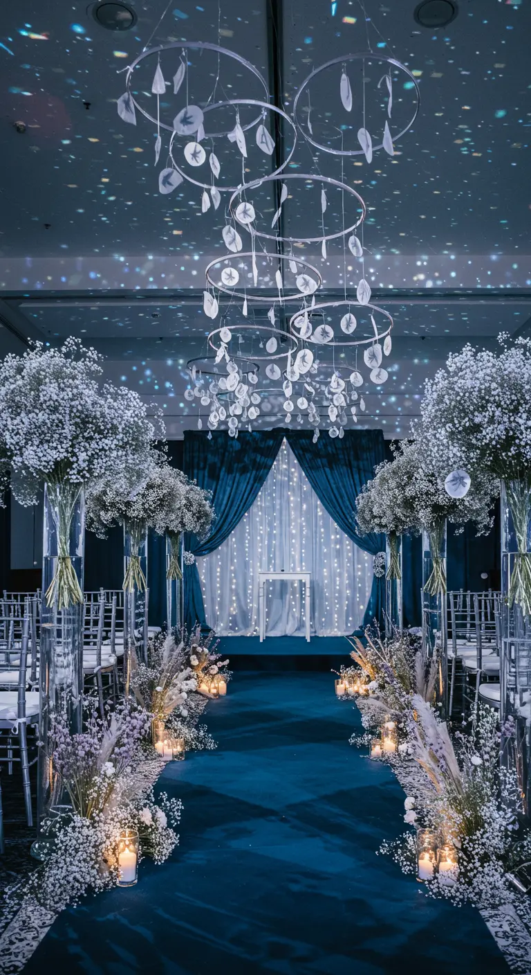 Sprookjesachtige ceremonie met donkerblauw, gipskruid en lichtprojecties.