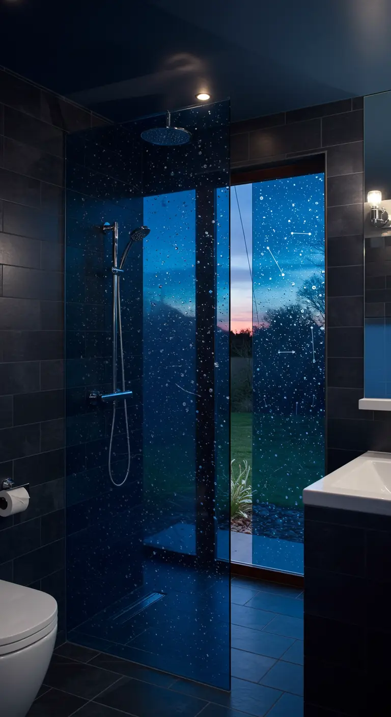 Donkere badkamer met een donkerblauwe glazen douchewand met een subtiel sterrenhemel effect.