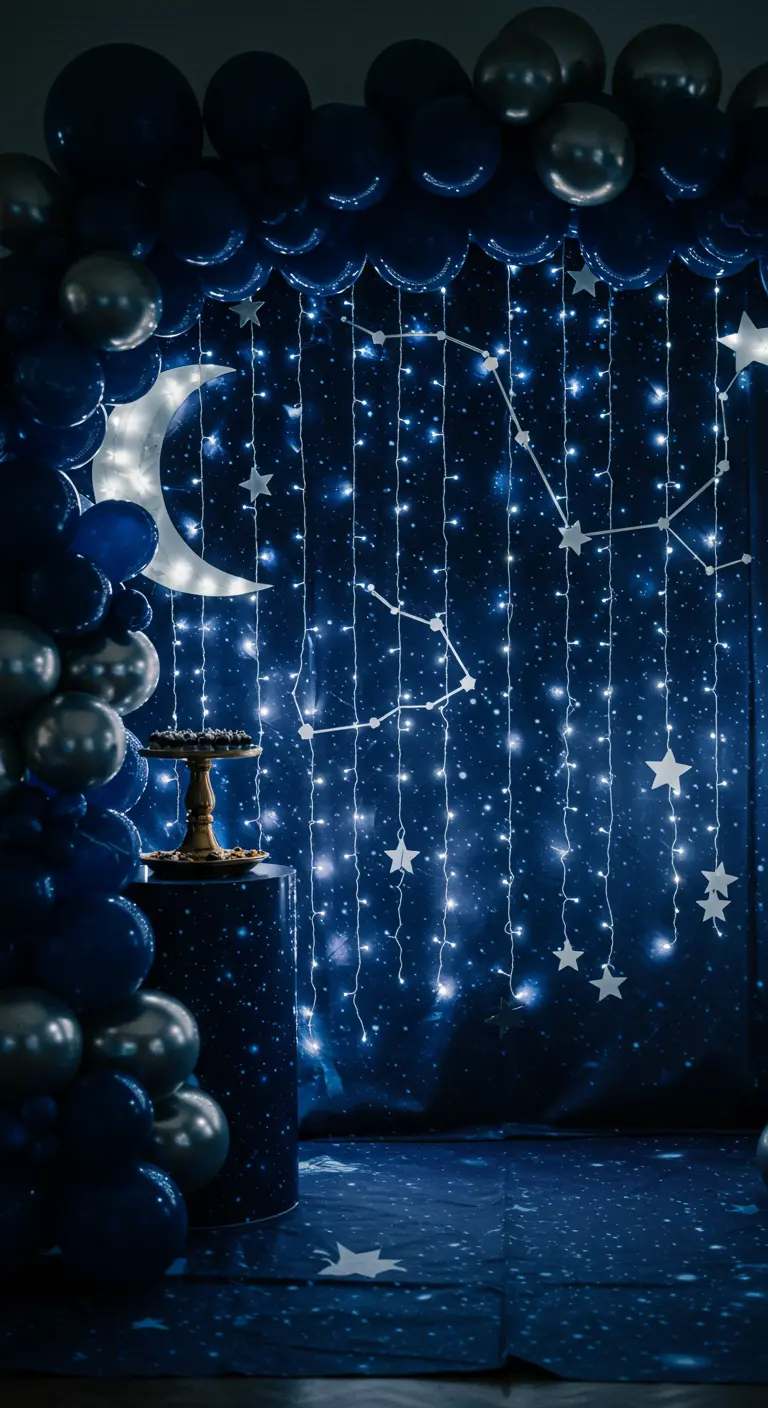 Donkerblauwe backdrop met lichtjes, maan, sterren en ballonnen voor een nachtthema.