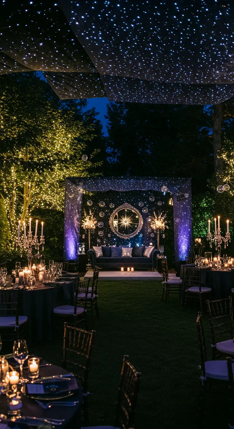 Nachtelijke bruiloftsreceptie met sterrenhemel verlichting en donkerblauwe decoratie.