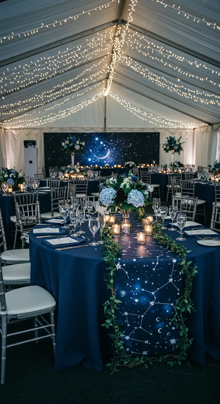Feesttent 's avonds met donkerblauwe tafels, sterrenprint loper en veel lichtslingers.