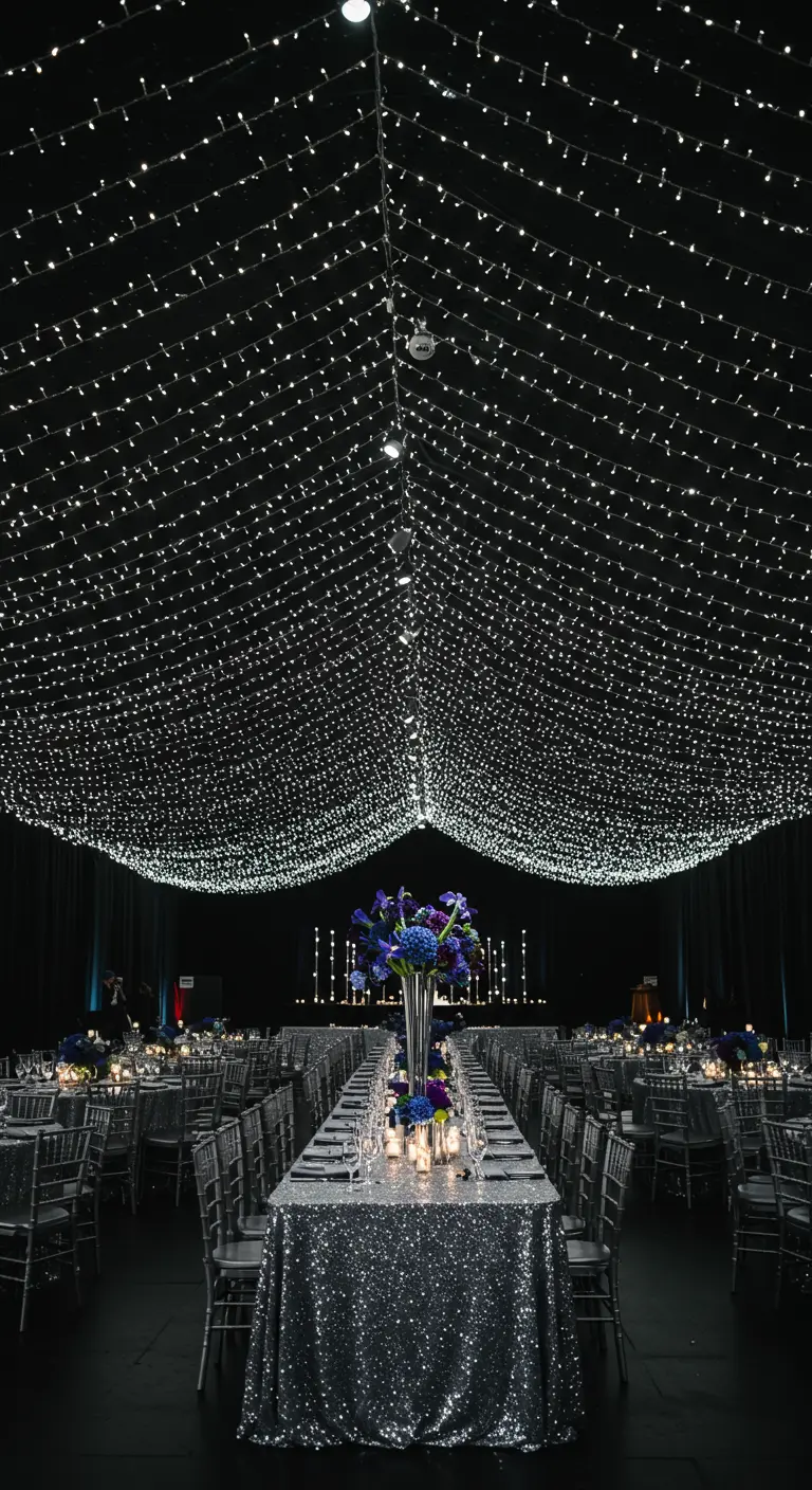 Feestzaal met plafond van lichtjes, zilveren glitter tafelkleden en blauwe bloemstukken.
