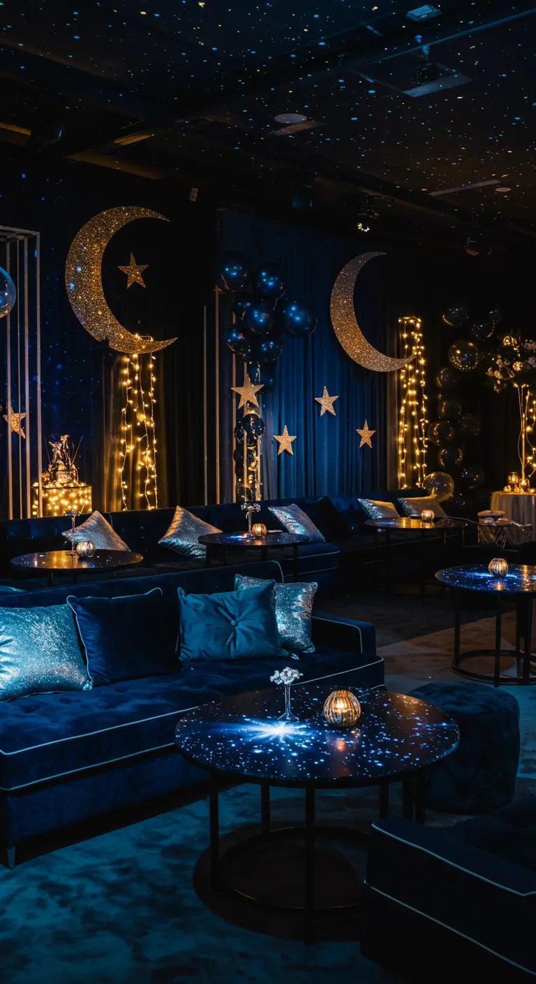 Nachtclubsetting met blauwe fluwelen banken, glitterkussens en sterrendecoratie.